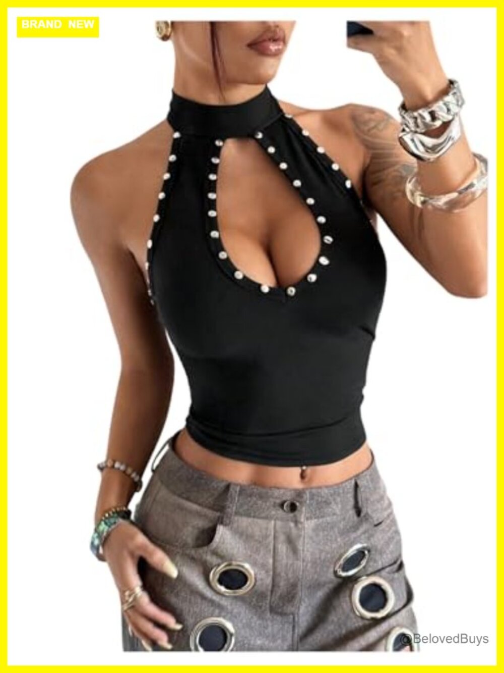 SOLY HUX Women's Y2K Punk Halter Rivet Crop Top Streetwear